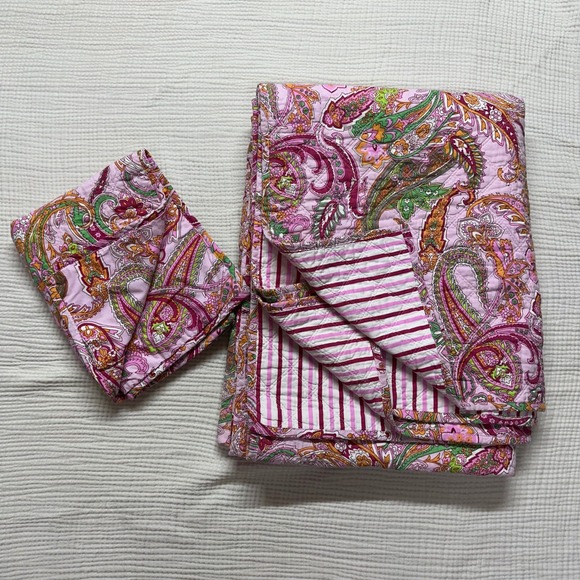 VTG Ralph Lauren pink paisley & stripped reversible full size comforter & sham - Picture 1 of 10